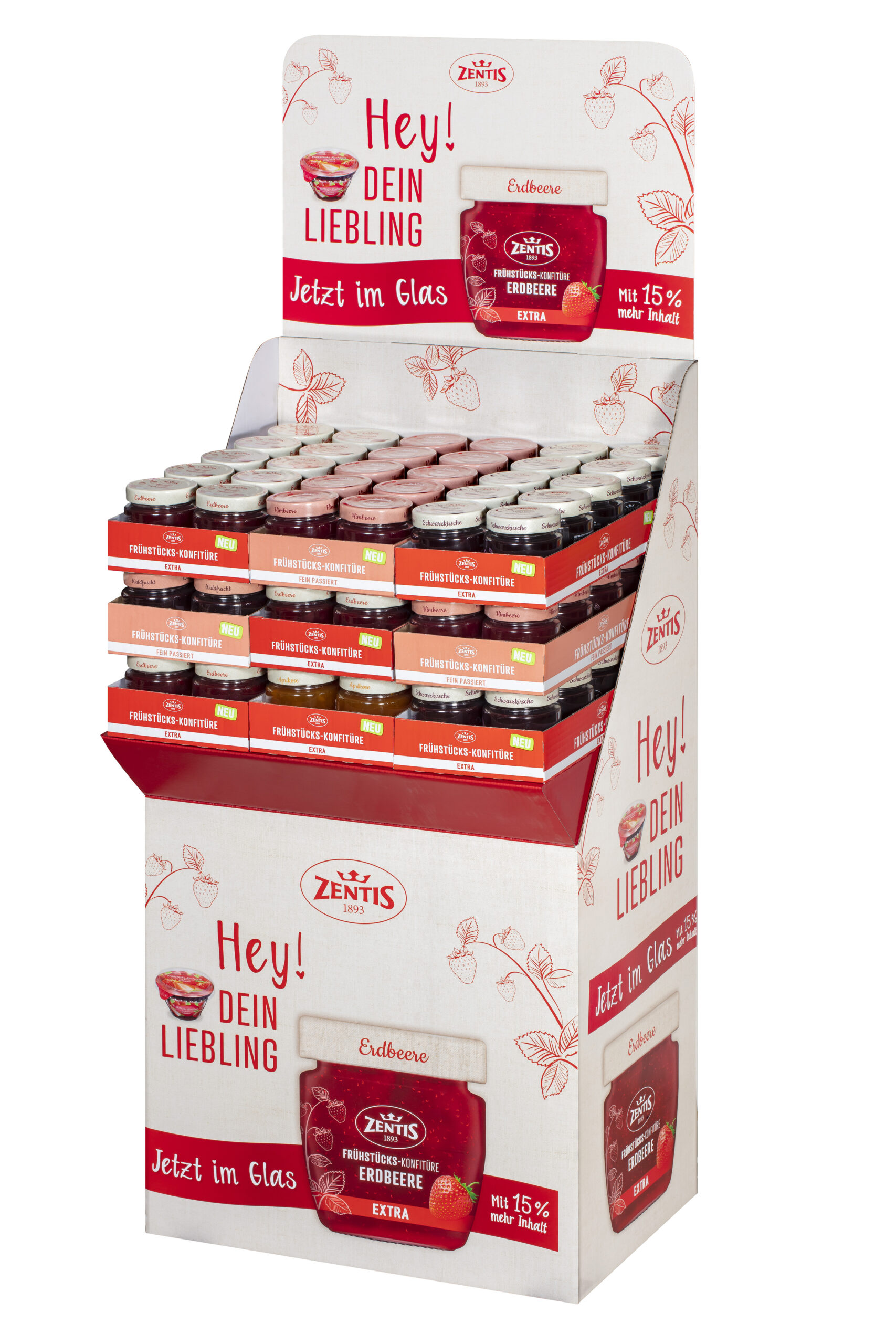 Frühstücks-Konfitüre Extra, 5-fach sortiertes Display, 90 Gläser, 1/4 Palette