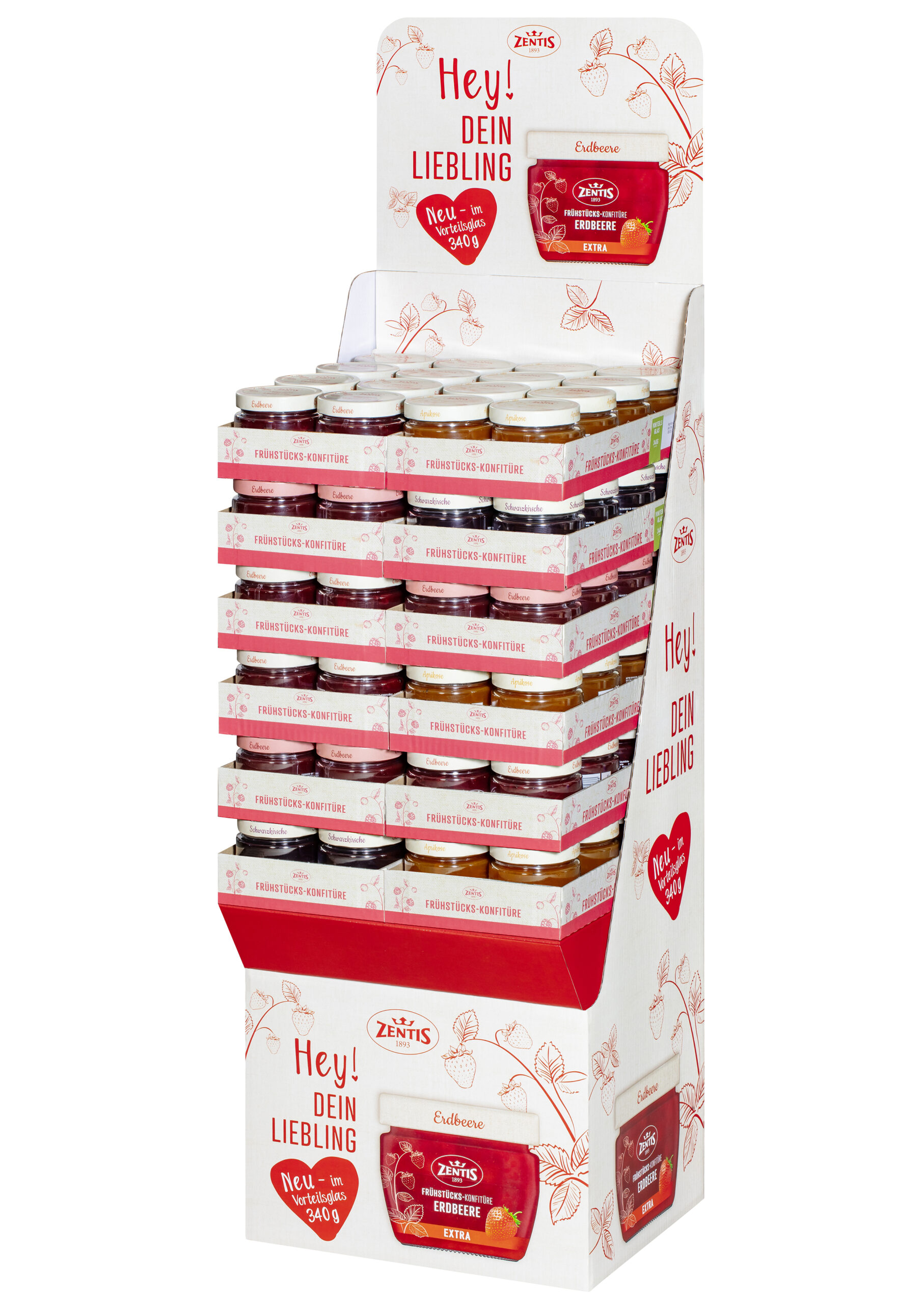 Frühstücks-Konfitüre Extra, 4-fach sortiertes Display, 96 Gläser à , 1/4 Palette