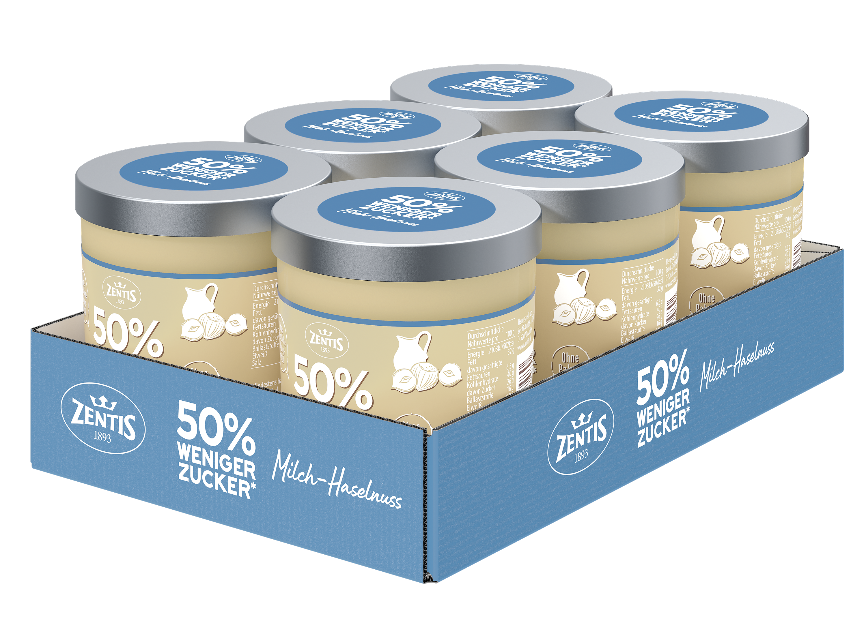 Zentis 50% weniger Zucker Creme, Milch-Haselnuss, 6er Tray