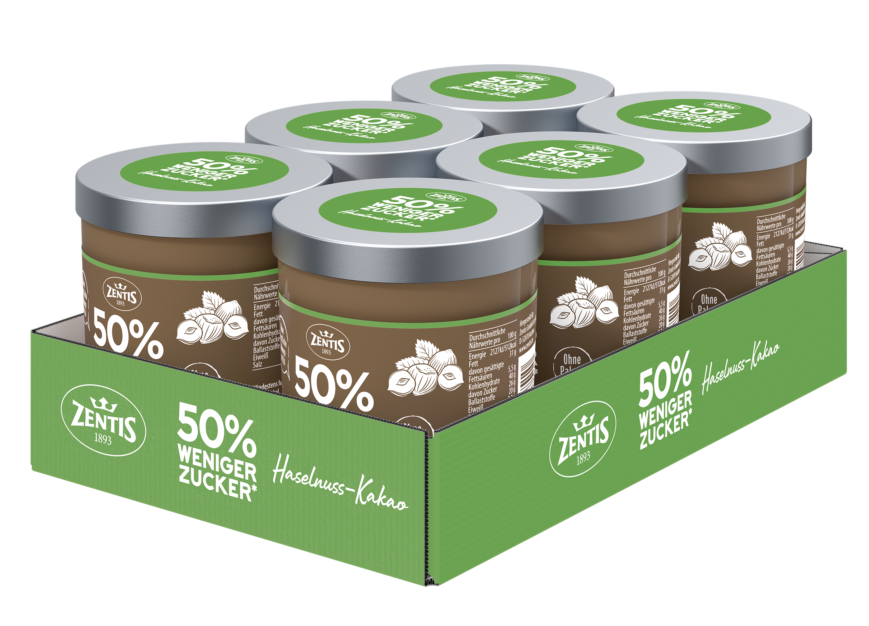 Zentis 50% weniger Zucker Creme, 6er Tray, Haselnuss-Kakao