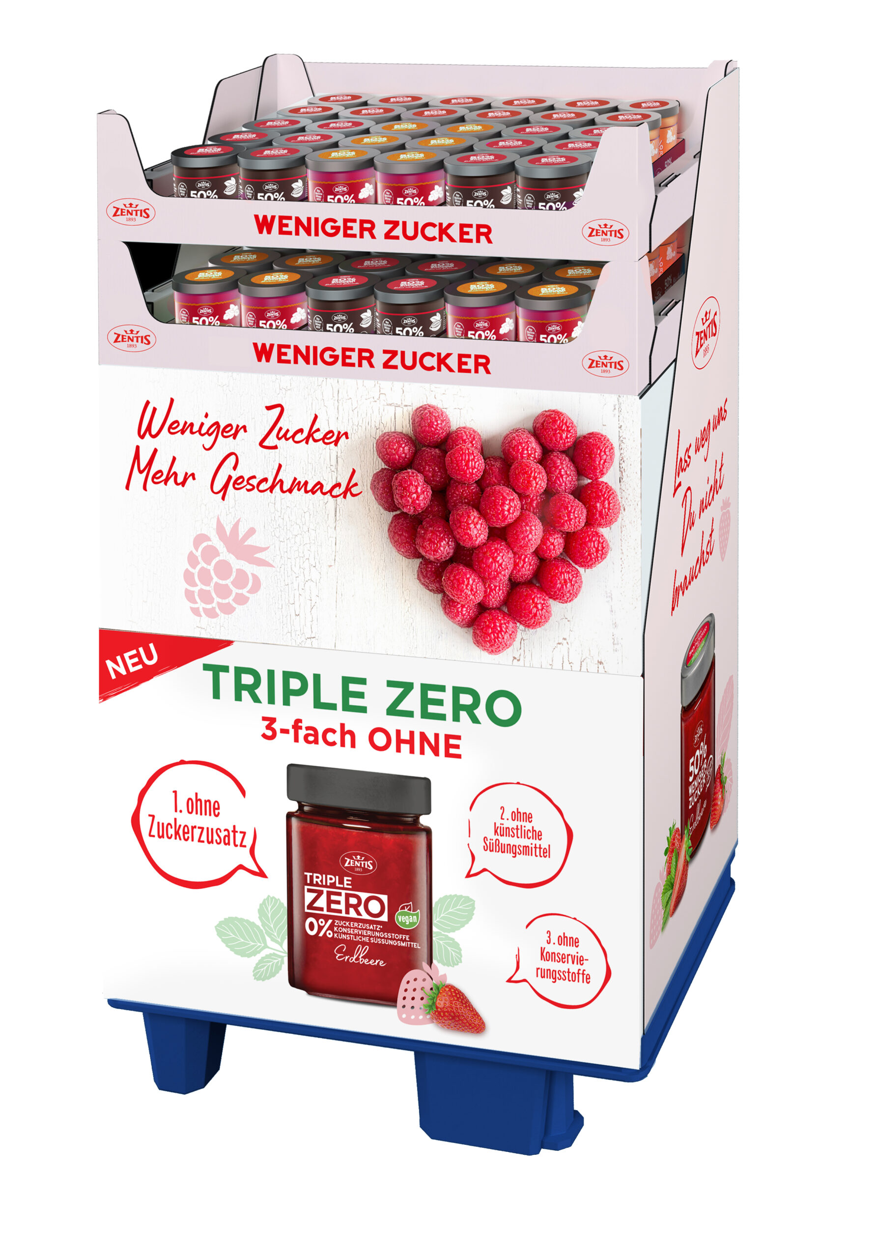ZENTIS 50%wZ & TripleZERO, Fruchtaufstrich, 7-fach sort. Misch-Display, 96 Gläser, 1/4 Pal