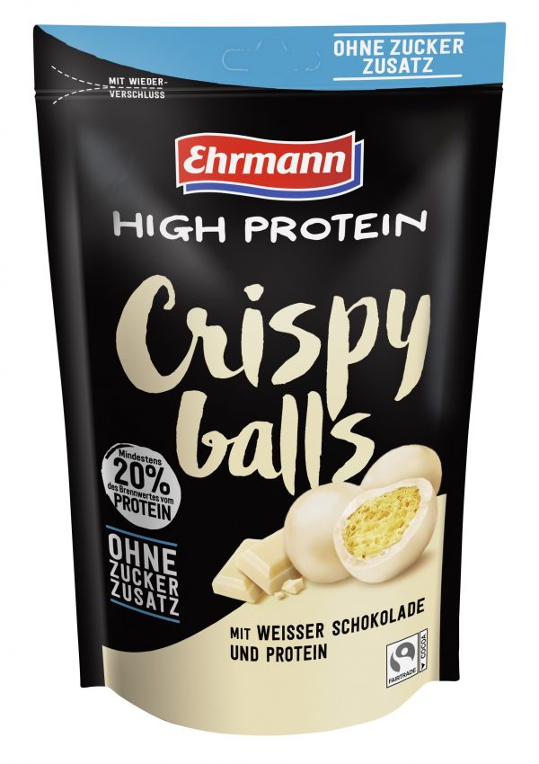 Ehrmann High Protein Crispy Balls mit weisser Schoko ohne Zuckerzusatz Molkenproteinballs mit weisser Schoko Molkenprotein