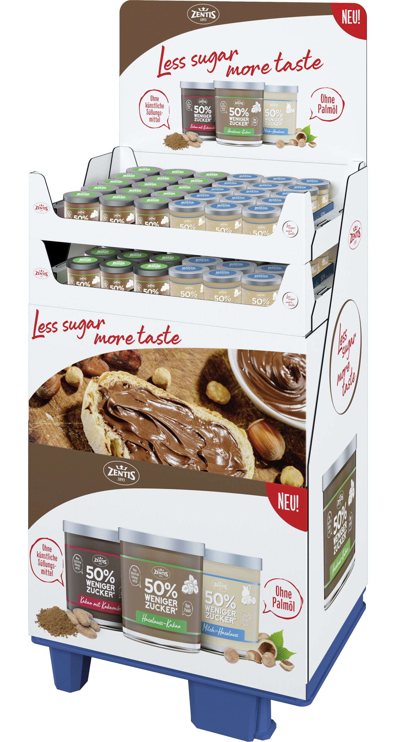 Zentis 50% weniger Zucker Creme 2-fach sortiertes Display, 60 Gläser à , 1/4 Palette